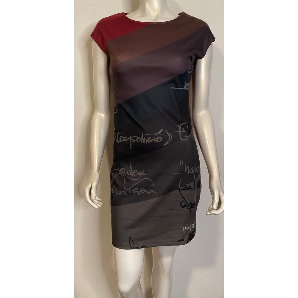 Desigual Sheath Dress S Black Maroon Diagonal Stripe Knit Sleeveless Brown